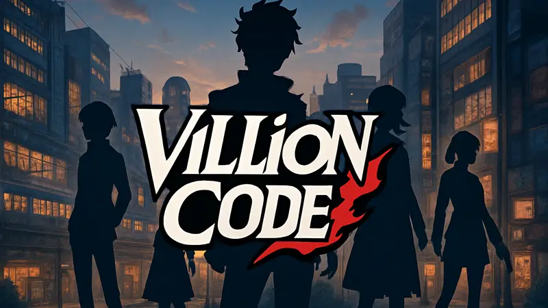 Логотип игры Villion: Code, стилизованный под японскую RPG с элементами Persona, для обложки.