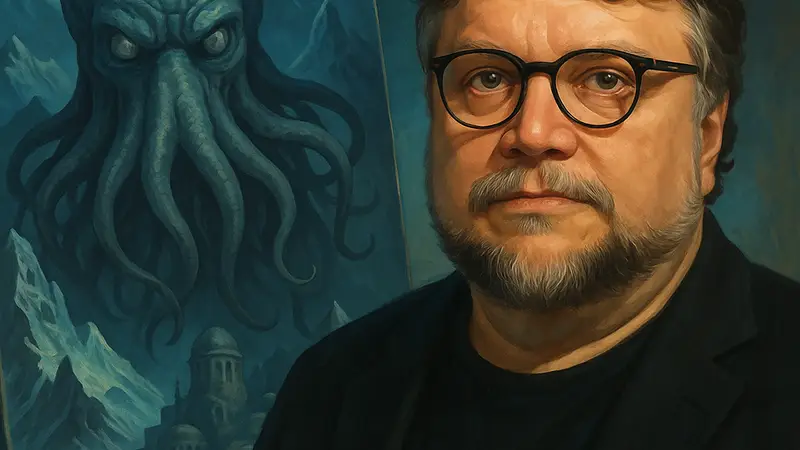 Гильермо Дель Торо на фоне обложки книги "Хребты безумия" Г.Ф. Лавкрафта.