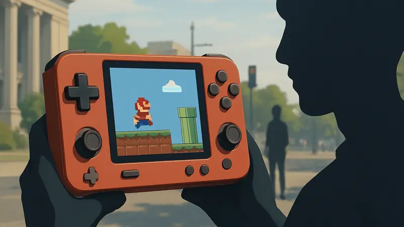 Изображение портативной игровой консоли TrimUI Brick Pro с 3,95-дюймовым экраном и стиками.