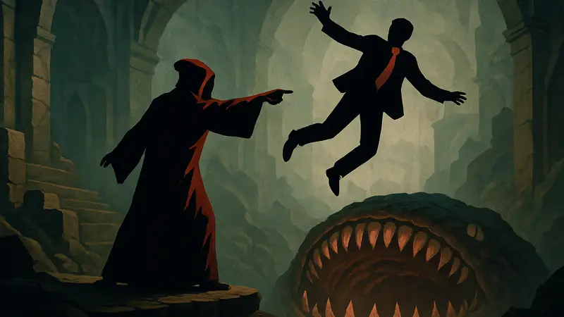 Игра Feed the Pit: культист бросает биржевого брокера в зубастую бездну