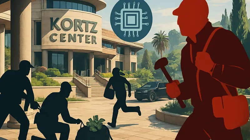 Изображение Kortz Center из GTA Online с элементами ограбления и секретных улучшений.