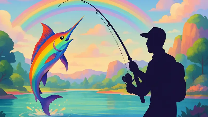 Игрок ловит редкую меч-рыбу в игре Heartopia, на фоне яркие радужные пейзажи.