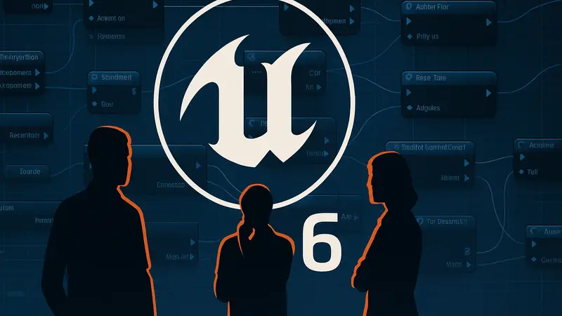 Логотип Unreal Engine 6 на фоне системы Blueprints, символизирующий изменения в движке