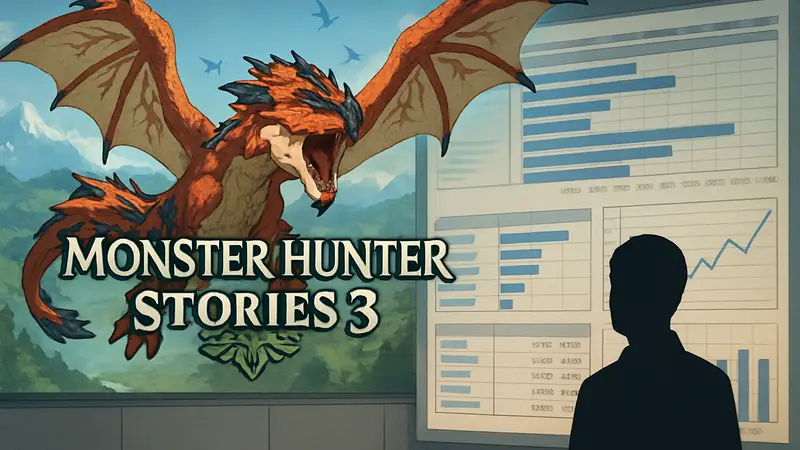 Изображение Monster Hunter Stories 3 с логотипом на фоне японских чартов продаж игр и данных Famitsu.