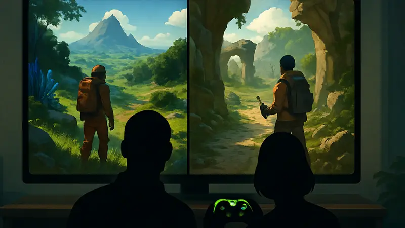 Два игрока исследуют мир в кооперативной игре на Xbox, с видом на экран разделенного экрана