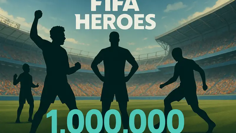 Изображение игры FIFA Heroes с футбольными игроками и показателем в 1 миллион загрузок.