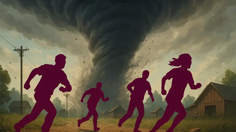 Игроки убегают от огромного торнадо в кооперативной инди-игре Funnel Runners.