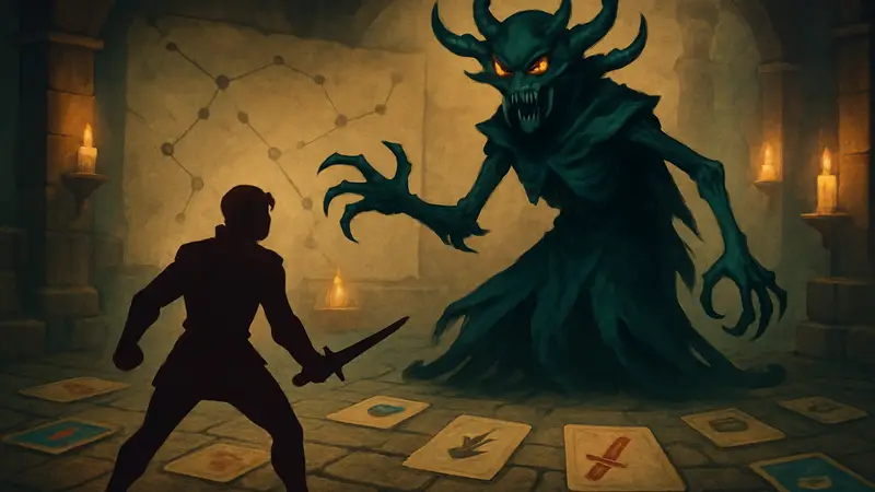 Иллюстрация босса Вантома из Slay the Spire 2 на фоне карт и игрового поля