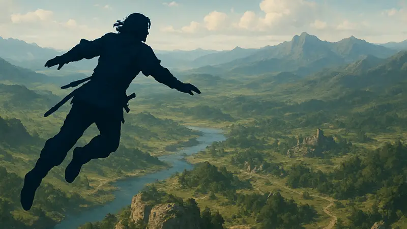 Изображение персонажа из Crimson Desert, скользящего по воздуху над обширным открытым миром.