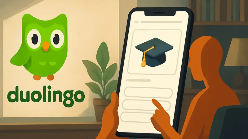 Логотип Duolingo и иллюстрация учебного процесса на экране смартфона