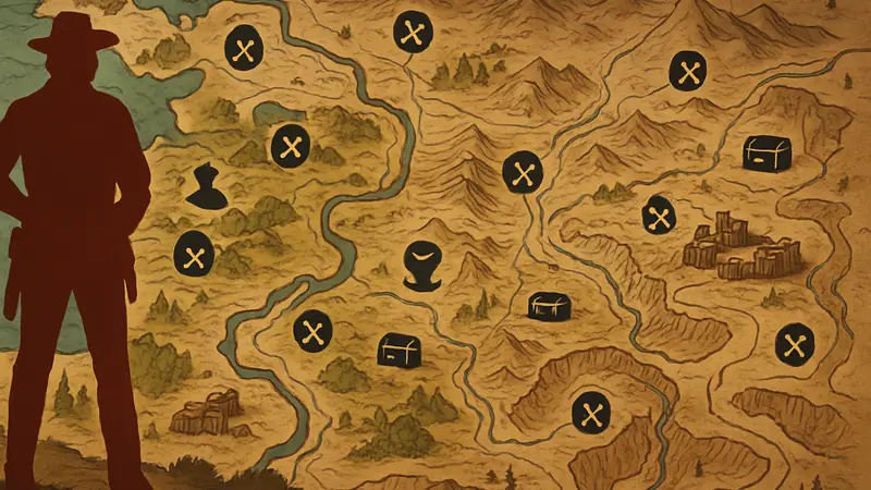 Карта Far Far West, на которой отмечены места захоронений, скрытых сокровищ и ключевые локации игры.