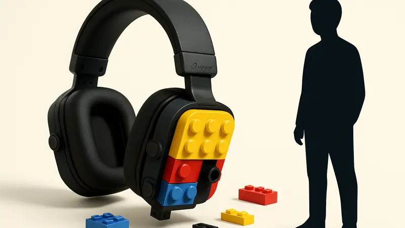 Модульные наушники Fender Mix Headphones, напоминающие конструктор LEGO, на белом фоне.