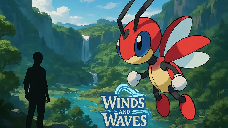 Покемон Леддиан (Ledian) и логотип игры Pokemon Winds and Waves из Game Rant.