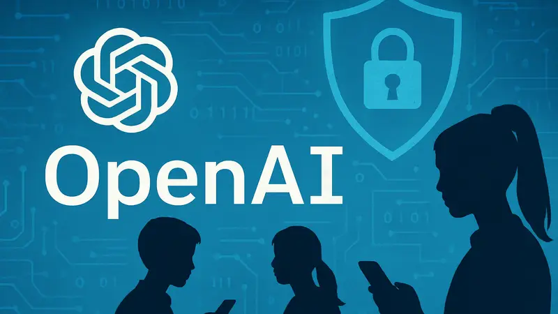 Логотип OpenAI на фоне схематичного изображения цифровой безопасности и защиты подростков в интернете