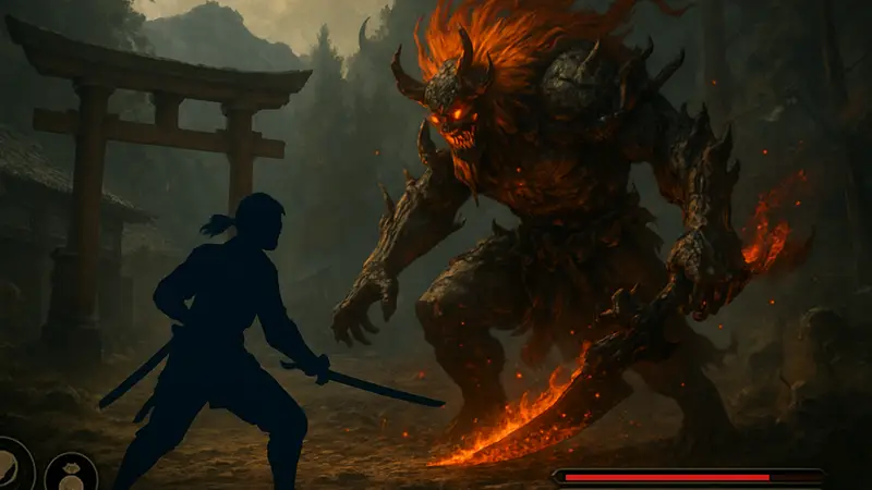 Изображение босса Аратамы из Nioh 3 в процессе боя с игроком, с элементами интерфейса.