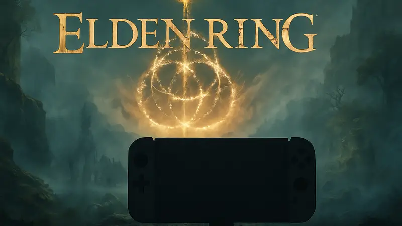 Логотип Elden Ring и силуэт Switch 2 на фоне тумана
