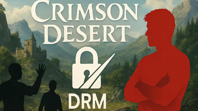 Логотип Crimson Desert с информацией о Denuvo DRM, символизирующий спорное решение.