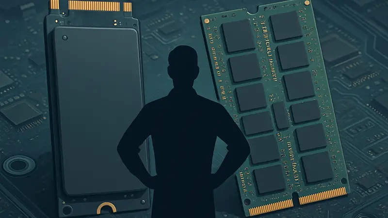 Изображение твердотельного накопителя (SSD) рядом с модулями оперативной памяти DDR5 на плате.