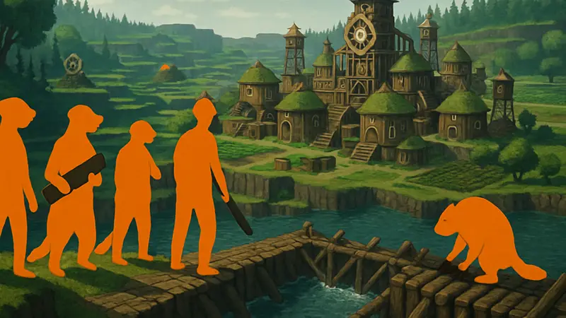 Скриншот из игры Timberborn 1.0, бобры строят город с плотинами в градостроительном симуляторе