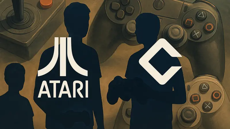 Логотипы Atari и Implicit Conversions на фоне игровых контроллеров