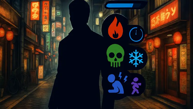 Скриншот Yakuza Kiwami 3 с игровым интерфейсом, показывающим статусные эффекты персонажа