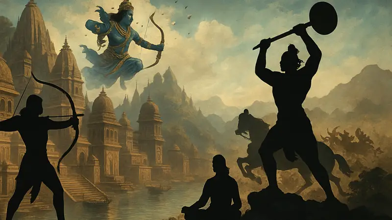 Плакат фильма Varanasi, демонстрирующий эпические сцены из индийской мифологии, режиссера С.С. Раджамули