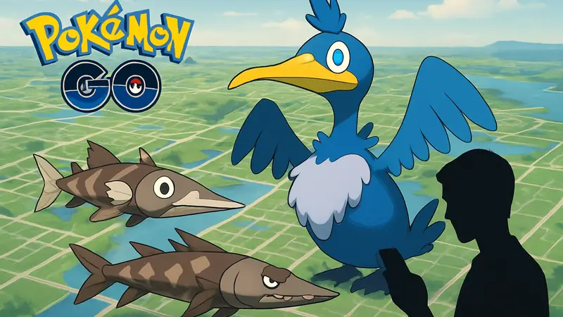 Изображение трех новых покемонов из Pokemon GO: Аррокуда, Барраскевда, Краморант на фоне карты