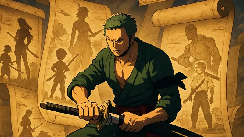 Ророноа Зоро из One Piece, готовящийся к битве, на фоне раскрывающихся свитков с его историей в стиле аниме.