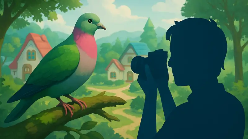 Розовошейный зеленый голубь в игре Heartopia, редкая птица для фотоохоты.