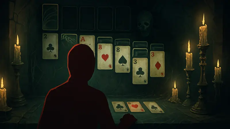 Интерфейс игры Forbidden Solitaire, демонстрирующий карточный стол и зловещие хоррор-элементы.