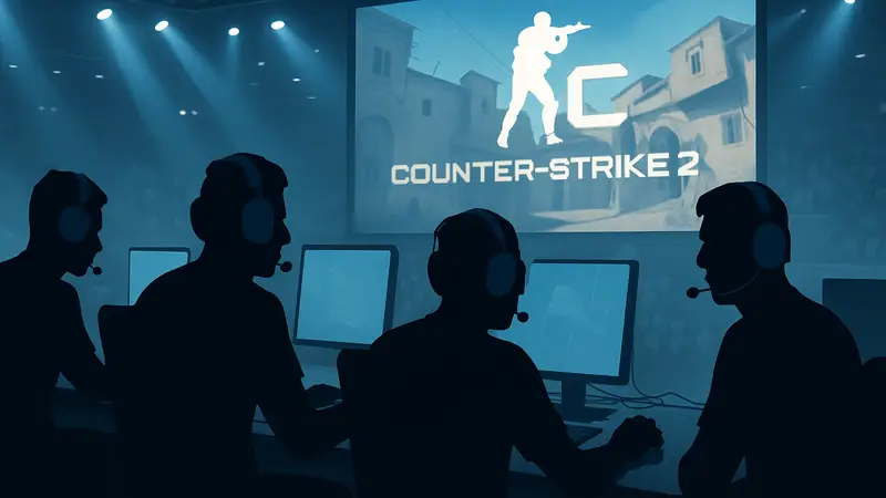 Игроки Counter-Strike 2 в наушниках и с микрофонами на киберспортивном турнире.