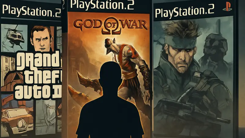Коллаж из обложек культовых игр для PlayStation 2, таких как GTA 3, God of War и Metal Gear Solid