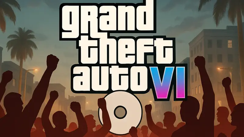 Логотип GTA 6 на фоне возмущенных фанатов, символизирующих скандал вокруг диска