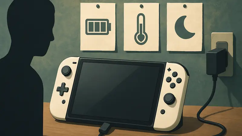 Портативная консоль Nintendo Switch 2, подключенная к зарядному устройству, на фоне текста советов.