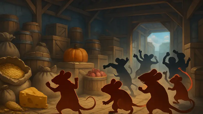 Скриншот из игры Whiskerwood, где мыши атакуют склад с едой.