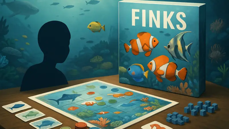 Иллюстрация настольной игры «Плавники» с морскими обитателями и игровыми компонентами