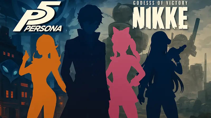 Персонажи Persona в стилистике Goddess of Victory: Nikke на фоне логотипов игр