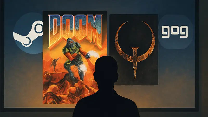 Обложки классических FPS-игр, таких как Doom и Quake, на фоне логотипов Steam и GOG.