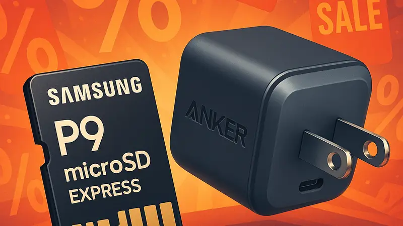 МикроSD карта Samsung P9 и туристический адаптер Anker Nano, на фоне распродажи.