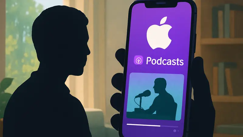 Логотип Apple Podcasts на экране смартфона с видео подкастом, улучшенный видеоопыт весной 2026 года