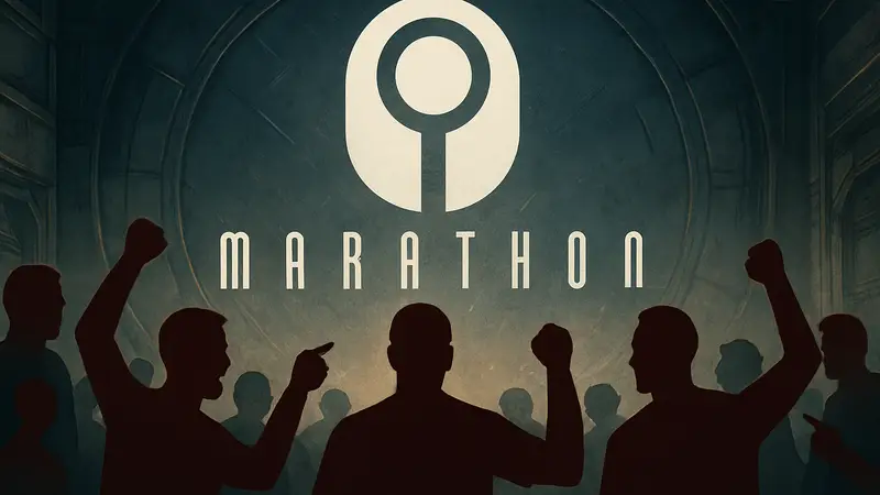 Логотип игры Marathon на фоне недовольных фанатов, Bungie