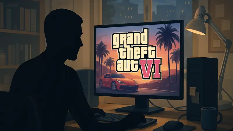 Фанат-разработчик работает за компьютером, на экране логотип GTA 6 или концепт-арт.