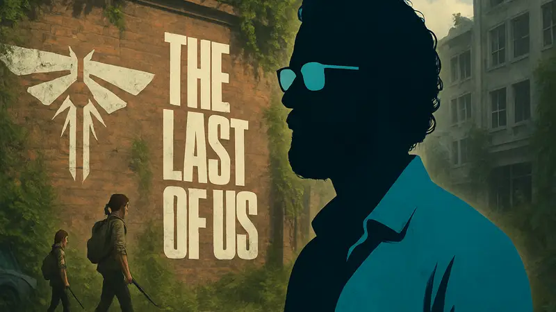 Нил Дракманн, креативный директор Naughty Dog, на фоне логотипа The Last of Us.