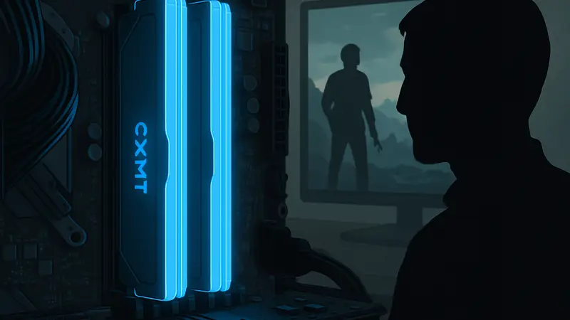 Модули оперативной памяти DDR5 от CXMT, светящиеся синим цветом, установленные в материнскую плату