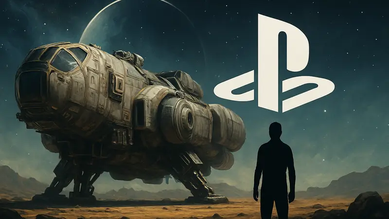 Логотип Starfield на фоне космического корабля с символом PlayStation 5