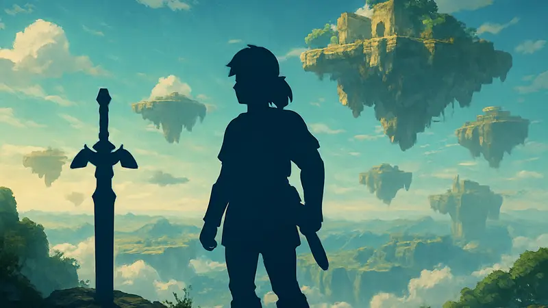 Мастер Меч и Линка на фоне парящих островов из Zelda: Tears of the Kingdom, символизирующие тайну и секретность.