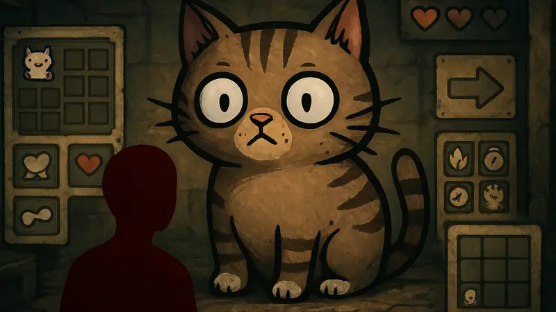 Изображение кота из Mewgenics с элементами интерфейса на фоне