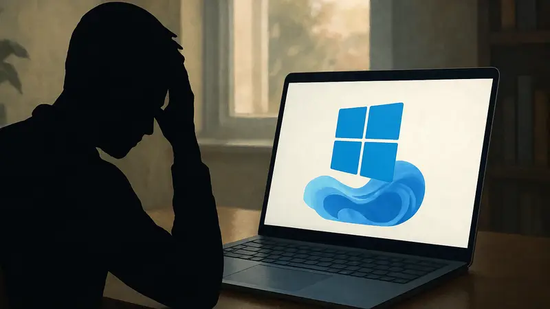 Изображение ноутбука Microsoft Surface с логотипом Windows 11, символизирующее проблемы оптимизации