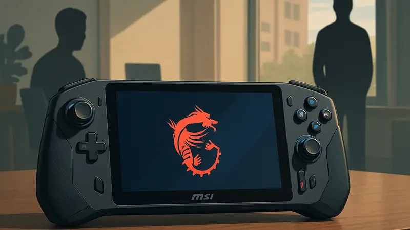Портативная игровая консоль MSI Claw 8 EX AI+ чёрного цвета, лежащая на столе