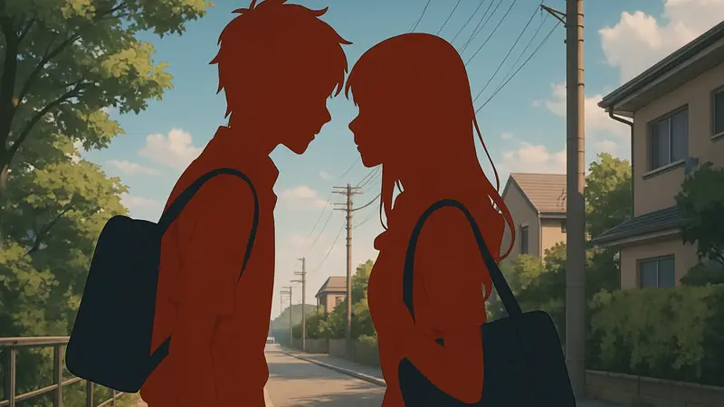 Арт с романтическим аниме, где изображены двое друзей детства, намекающие на зарождающиеся чувства.